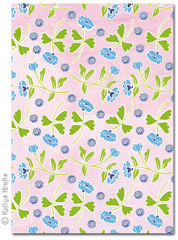 A4 Patterned Card - Blue Flowers on Pink (1 Sheet)