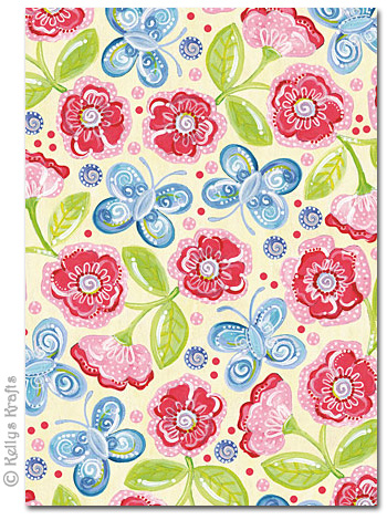 A4 Patterned Card - Butterflies + Flowers on Cream (1 Sheet)