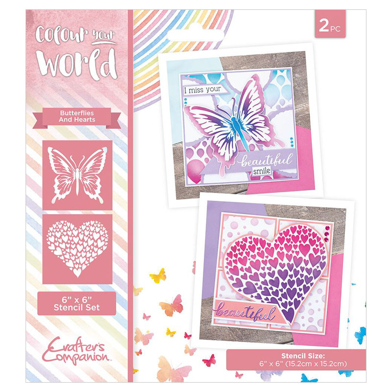 Crafters Companion Stencil Set, Colour Your World - Butterflies & Hearts