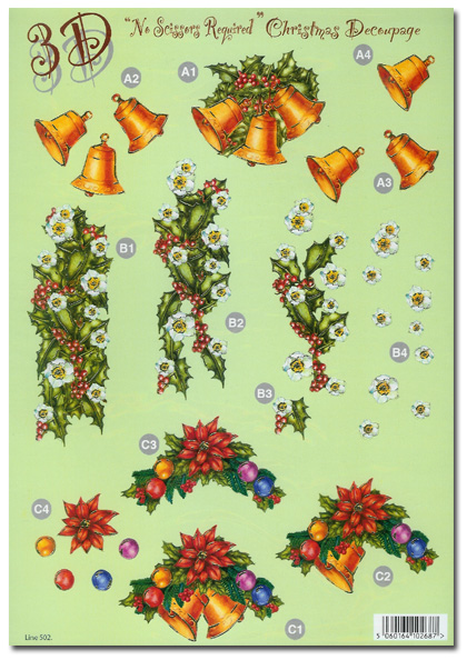 (image for) Die Cut 3D Christmas Decoupage - Bells, Holly, Poinsettia (502)