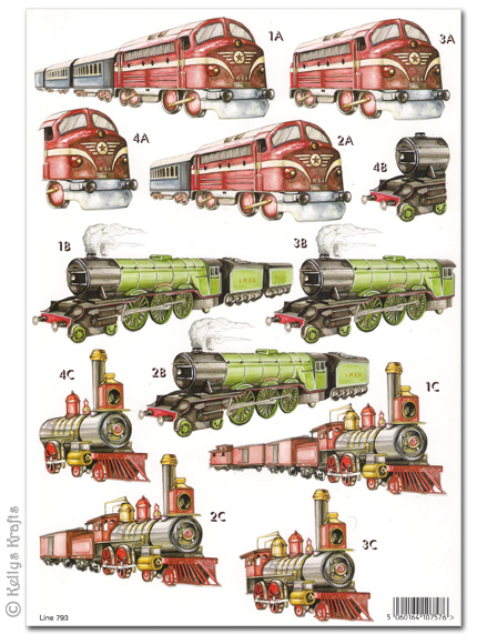 (image for) Die Cut 3D Decoupage A4 Sheet - Locomotives / Trains (793)