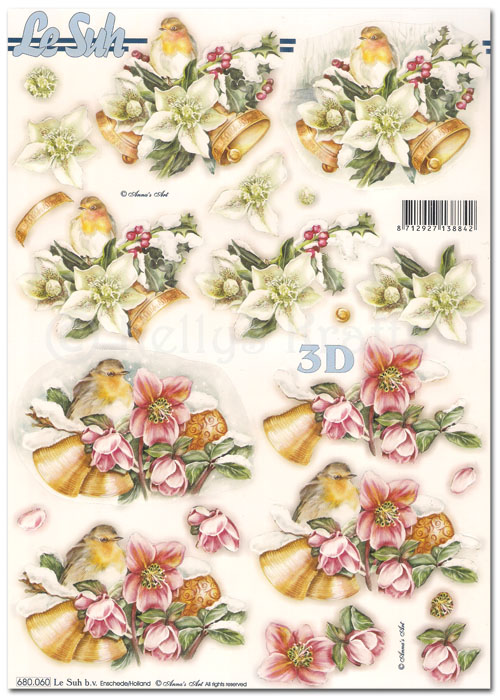 (image for) Die Cut 3D Decoupage A4 Sheet - Christmas Robins & Bells (680060)