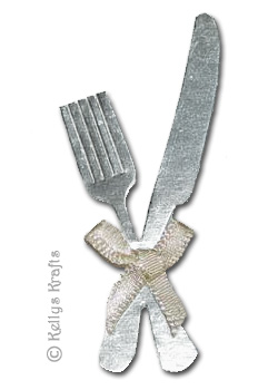 Silver Die Cut Knife + Fork with Ribbon Bow (1 Set) - Click Image to Close