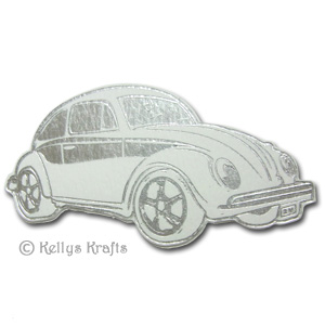 Beetle Motor Car, Foil Printed Die Cut Shape, Silver on White - Click Image to Close