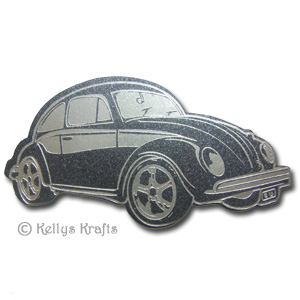 Beetle Motor Car, Foil Printed Die Cut Shape, Silver on Black - Click Image to Close
