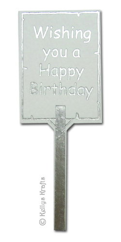 Happy Birthday Sign Post, Foil Printed Die Cut Shape, Silver on White - Click Image to Close