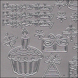 Happy Birthday & Party, Silver Peel Off Stickers (1 sheet)