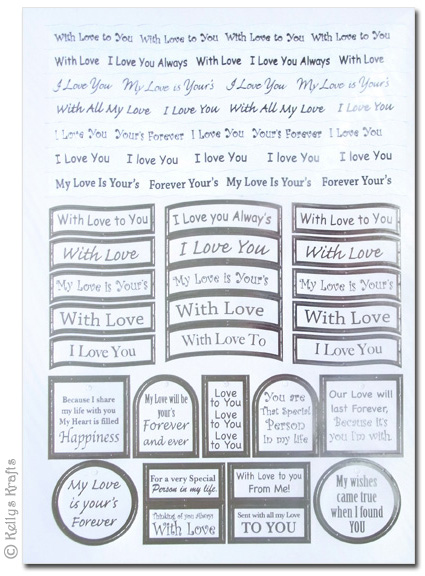 Sentiment Sheet - Love/Romance Theme, Silver Foil on White - Click Image to Close