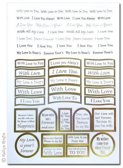 Sentiment Sheet - Love/Romance Theme, Gold Foil on White - Click Image to Close