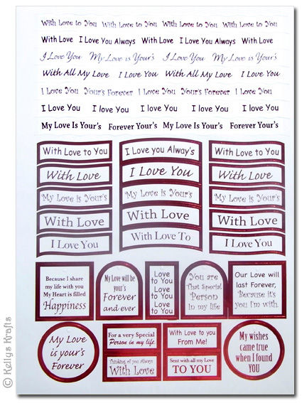 Sentiment Sheet - Love/Romance Theme, Red Foil on White - Click Image to Close