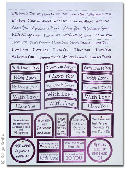 Sentiment Sheet - Love/Romance Theme, Lilac Foil on White - Click Image to Close