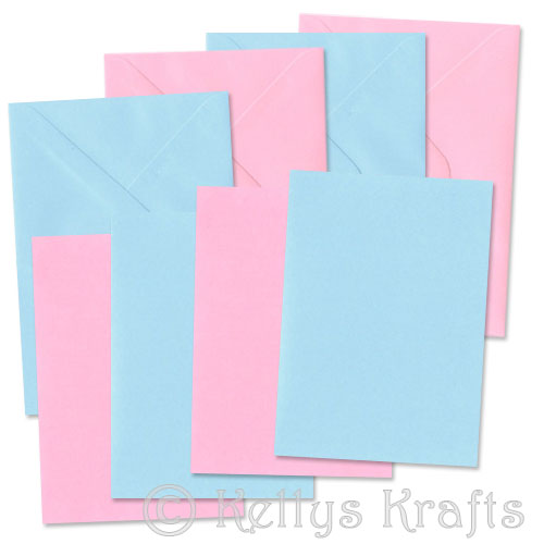(image for) Set of 4 Pastel Pink & Blue Coloured A6 Card Blanks + Envelopes