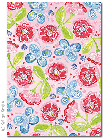 A4 Patterned Card - Butterflies + Flowers on Pink (1 Sheet)