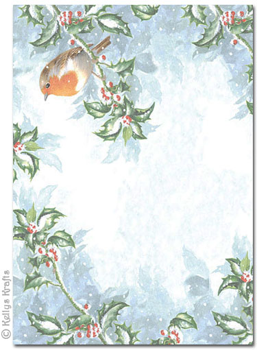 (image for) A4 Patterned Card - Christmas Robin + Holly (1 Sheet)