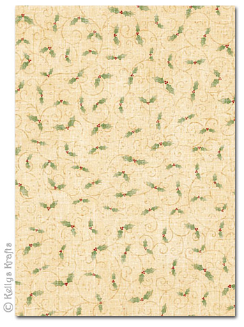 (image for) A4 Patterned Card - Cream Scroll/Swirl with Holly Design (1 Sheet)