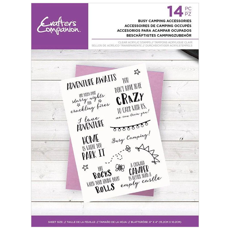 (image for) Crafters Companion Stamp Set, Sentiments - Busy Camping Accessories