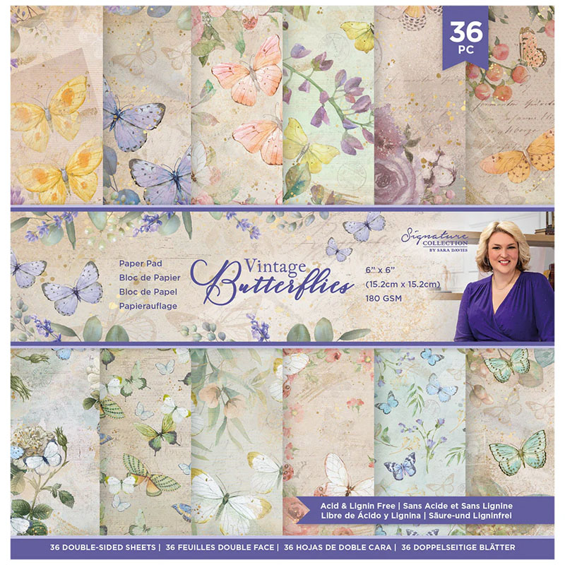 (image for) Crafters Companion 6"x6" Paper Pad - Sara Signature, Vintage Butterflies