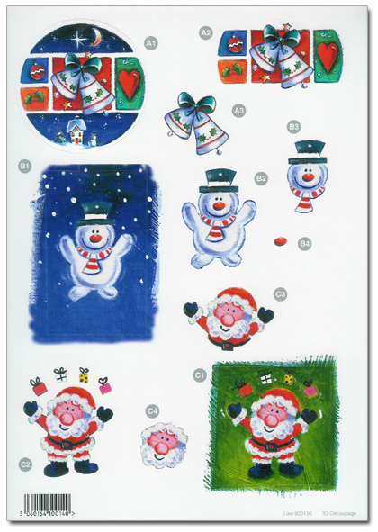 Die Cut 3D Christmas Decoupage - Bells, Snowman, Santa (130)