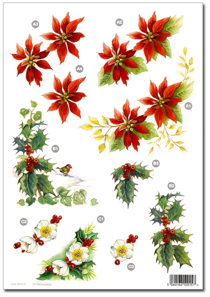 Die Cut 3D Christmas Decoupage - Poinsettia, Holly Berries (131)