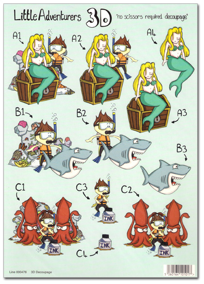 Die Cut 3D Decoupage A4 Sheet - Mermaid, Shark, Octopus (476)