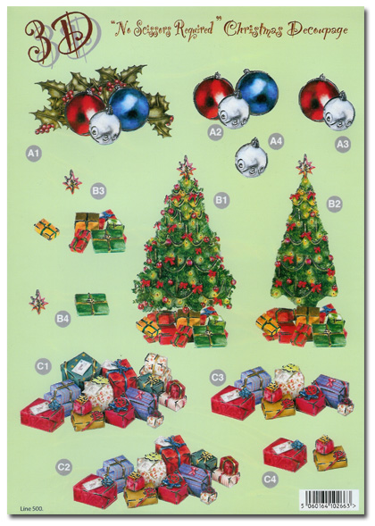 Die Cut 3D Christmas Decoupage - Tree, Presents, Baubles (500)