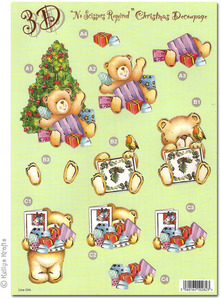 Die Cut 3D Christmas Decoupage - Teddy Bears, Presents, Tree (504)