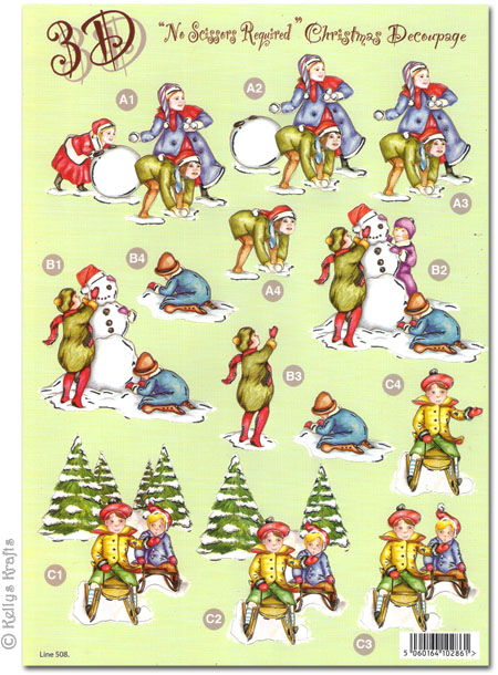 Die Cut 3D Christmas Decoupage - Snowman, Sledging, Snowballing (508)