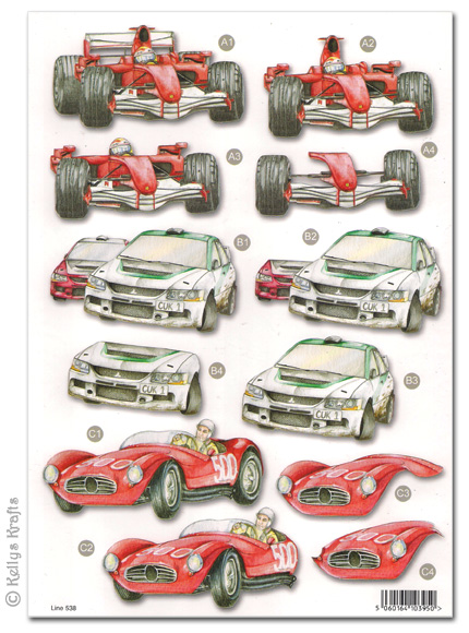Die Cut 3D Decoupage A4 Sheet - Racing Cars (538)
