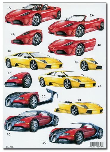 Die Cut 3D Decoupage A4 Sheet - Super Sports Cars (786)