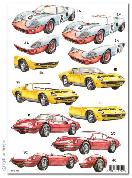 Die Cut 3D Decoupage A4 Sheet - Retro Super Cars (791)