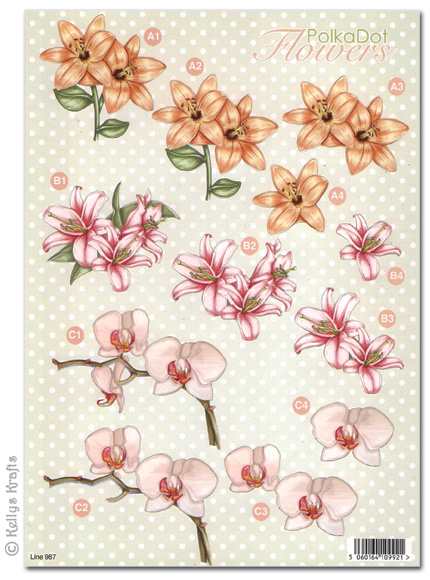 Die Cut 3D Decoupage A4 Sheet - Polka Dot Flowers (987)