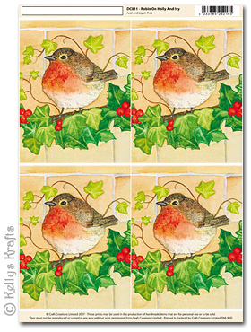 (image for) 3D Decoupage A4 Motif Sheet - Robin on Holly/Ivy (011)