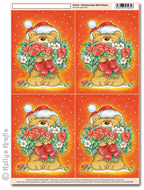 3D Decoupage A4 Motif Sheet - Teddy Bear with Christmas Flowers (224)