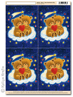 3D Decoupage A4 Motif Sheet - Teddy Bears, Stars & Hearts Sky (321)