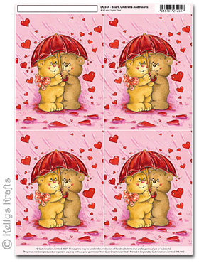 3D Decoupage A4 Motif Sheet - Teddy Bears, Umbrella & Hearts (344)