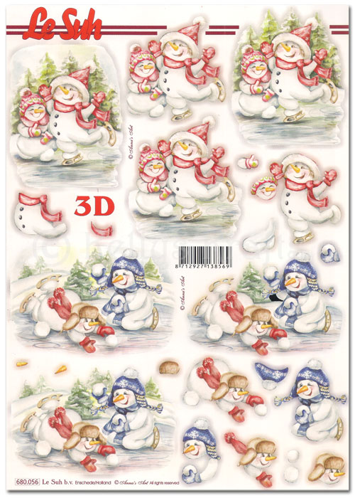 Die Cut 3D Decoupage A4 Sheet - Christmas Snowmen, Skating (680056)