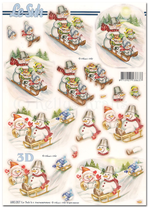 Die Cut 3D Decoupage A4 Sheet - Christmas Snowmen, Sledging (680057)