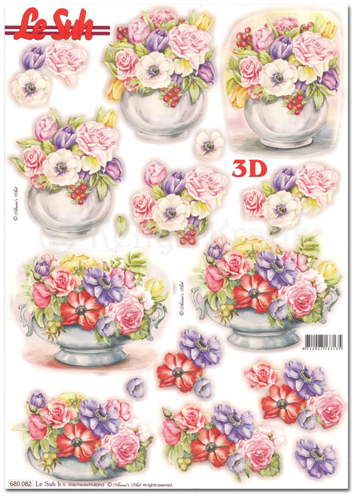 Die Cut 3D Decoupage A4 Sheet - Flowers in Vases (680082)