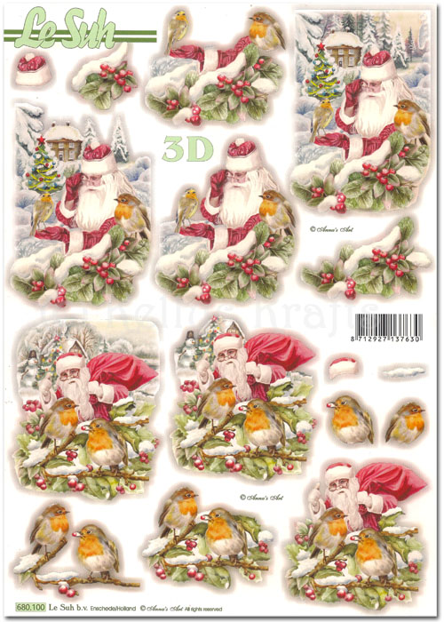 Die Cut 3D Decoupage A4 Sheet - Christmas Robins & Santa Claus (680100)