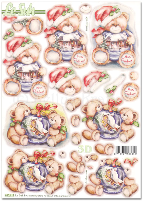 Die Cut 3D Decoupage A4 Sheet - Christmas Teddy Bears (680116)