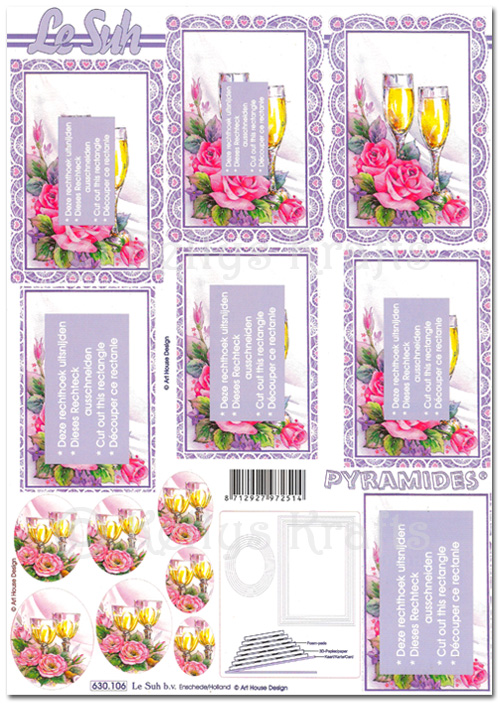 (image for) 3D Pyramid Decoupage A4 Sheet - Champagne Glasses & Flowers (630106)