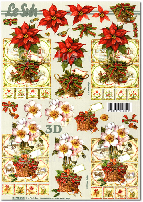 (image for) 3D Decoupage A4 Sheet - Christmas Poinsettia & Flowers (4169732)