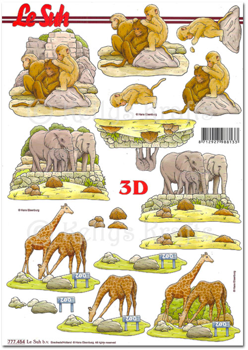 (image for) 3D Decoupage A4 Sheet - Elephants, Monkeys, Giraffes (777454)