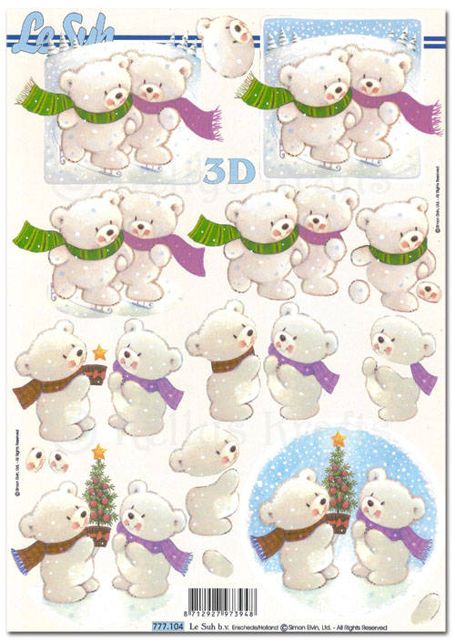 3D Decoupage A4 Sheet - Christmas Teddy Bears (777104)