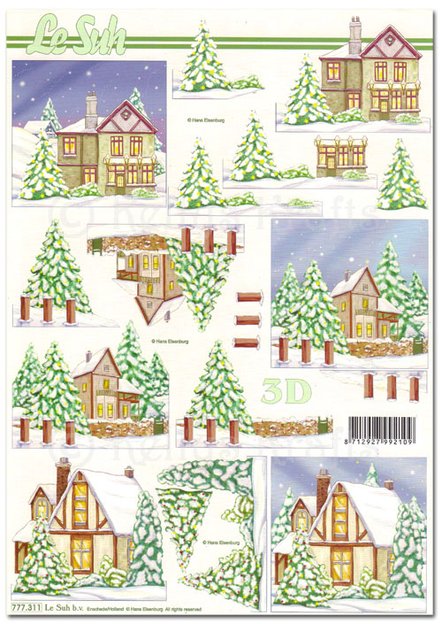 3D Decoupage A4 Sheet - Christmas Snow Scenes, Houses & Trees (777311)