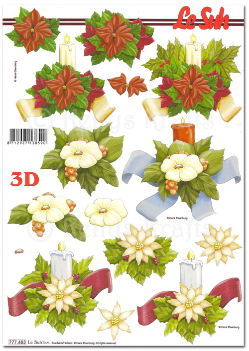 (image for) 3D Decoupage A4 Sheet - Christmas Candles & Flowers (777483)