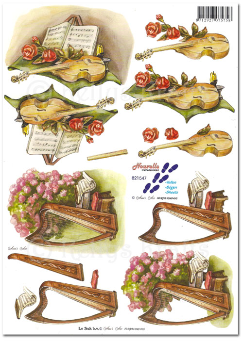 3D Decoupage A4 Sheet - Musical Instruments, Violin & Harp (821547) - Click Image to Close