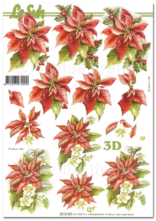 (image for) 3D Decoupage A4 Sheet - Christmas Poinsettia Flowers (8215353)