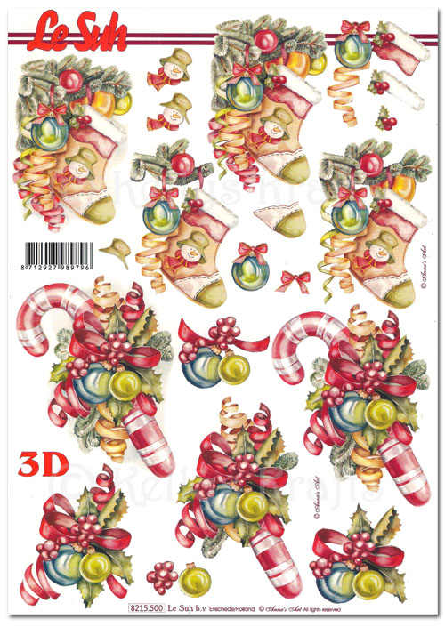 3D Decoupage A4 Sheet - Christmas Stocking & Candy Cane (8215500)