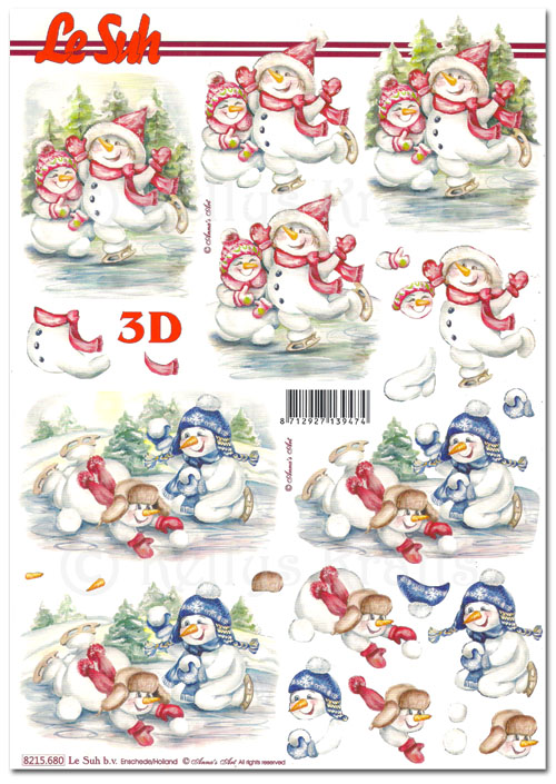 3D Decoupage A4 Sheet - Christmas Snowmen, Skating (8215680)